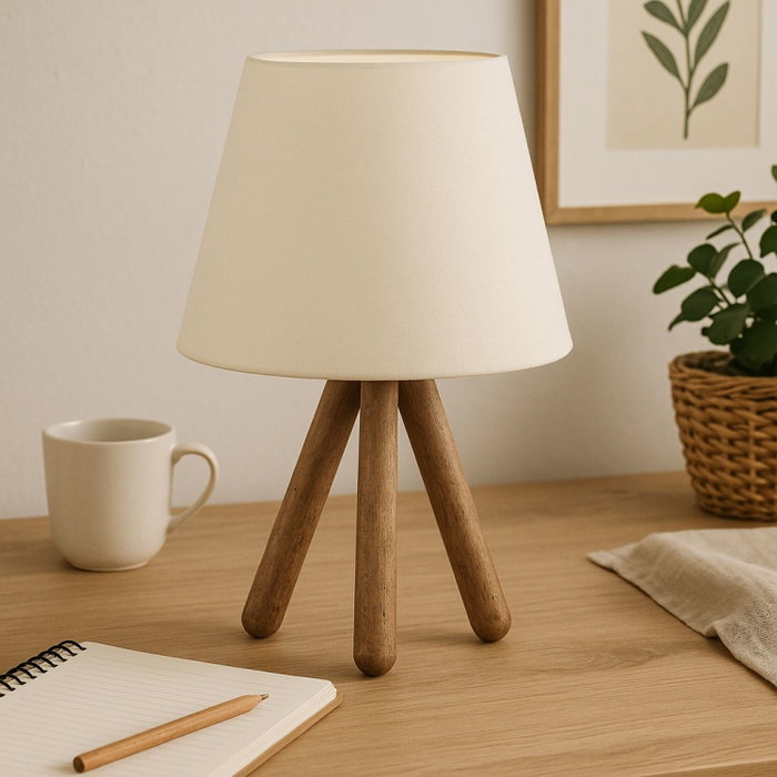 Opviq AYD-1970 Lámpara de Mesa en Madera de Haya y Tela de PVC Blanco y Nogal